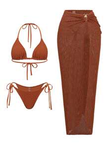 Bonvoyette Women's Summer Textured Fabric Solid Color Bikini Set With Skirt, 3-Piece - Orange - View 3