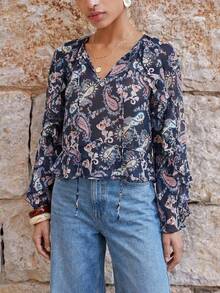 Maija Navy Blue Paisley Pattern Ruffle Hem Loose Vacation Blouse For Women - Multicolor - View 1