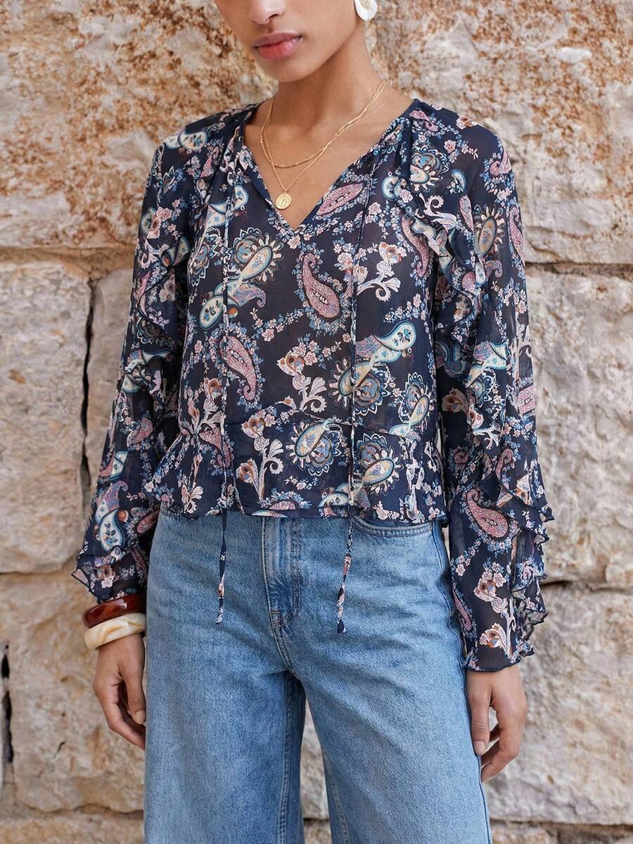 Maija Navy Blue Paisley Pattern Ruffle Hem Loose Vacation Blouse For Women - Multicolor - View 1