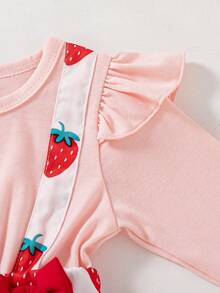 SHEIN Playful Pals 女婴草莓印花蝴蝶结装饰圆领长袖两件套可爱连衣裙 - 粉色 - 查看 7
