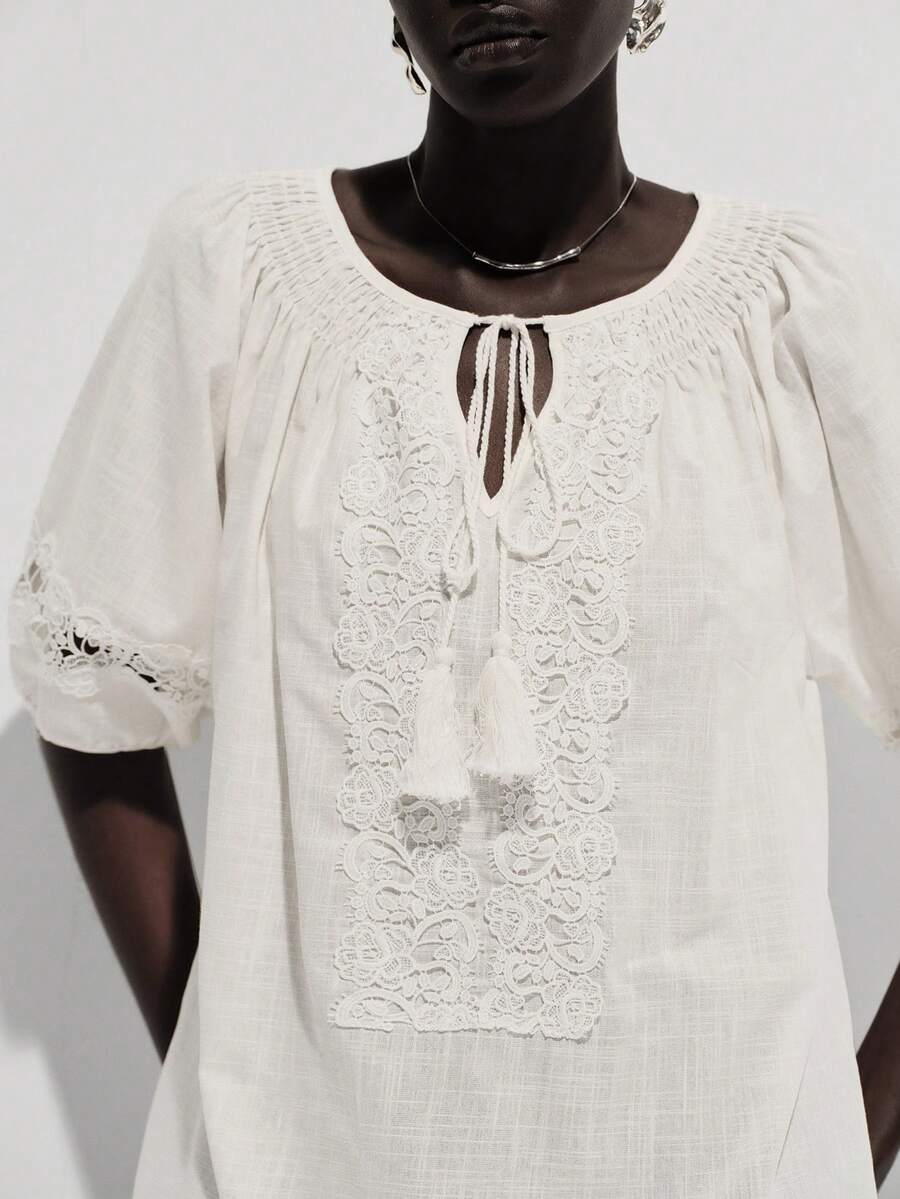 Lumivelle Áo kiểu nữ ren cổ chữ V khoét rỗng, xếp ly tua rua, tay lửng, thích hợp cho kỳ nghỉ xuân/hè. - trắng - Xem 1