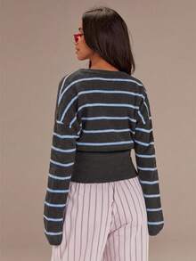 Athîral 女士休闲条纹落肩长袖开衫 - 棕色 - 查看 2