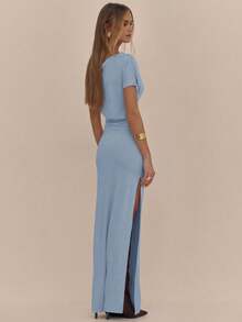 MUSERA Asymmetrical Shoulder Ruched Side Split Maxi Dress Spring Romantic Birthday Prom Wedding Guest Graduation Holiday Ibiza Beach Festival Fall Wedding Guest, Elegant , , Fall,  Summer Long Dress - Blue - View 2