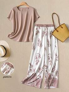 Rusticease 印花休闲优雅女式两件套短袖上衣和裤子套装 春季外出服 夏季女装 粉色度假套装 女士假日套装 印花T恤上衣 女士休闲套装 女士夏季套装 裤装套装 夏季裤装套装 - 彩色 - 查看 3