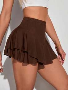 SHEIN Tall Women's Solid Color Ruffle Hem Skort, Tall Women - Brown - View 6