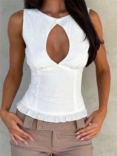 Aloruh Women's Elegant Round Neck Cutout Fitted Textured Fabric Slim Waist Solid White Blouse