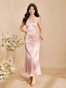 Satin Halter Neck Dress, Suitable For Teen GirlSpring/Summer, Wedding, Birthday Party. Sleeveless Long Dress, Polyester, Non-Stretch, Lightweight - Pink - View 3