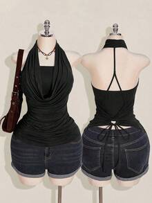 SHEIN ICON Bộ đồ đôi cỡ lớn dành cho nữ, kiểu phương Tây, phong cách boho, cổ yếm, hở lưng, màu nâu, thích hợp đi chơi mùa hè. - màu đen - Xem 2