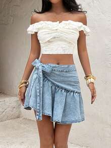 Sunnyshic Women's Casual Vacation Side Knot Denim Mini Skirt - Blue - View 4