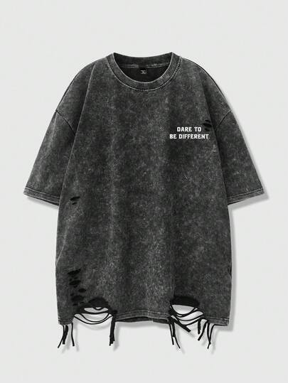 Manfinity EMRG Plus Size Men's Letter Print Casual Round Neck Short Sleeve T-Shirt, Summer Oversized Mens Tshirts Dark Grey Graphic Tee Distressed Tshirt Oversized Tees Men Acid Wash T-Shirt Distressed T-Shirt Baggy T-Shirt Oversize T-Shirt Graphic Tee Oversized