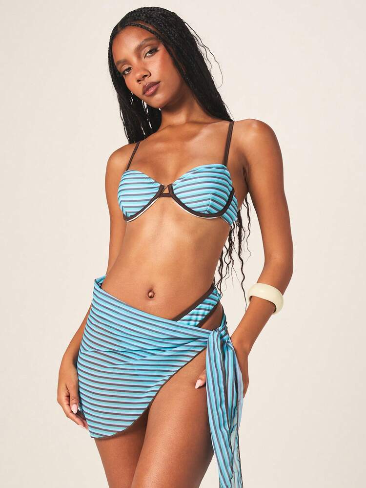 MISSGUIDED Striped Bandeau Bikini Set With Matching Sarong Wrap Beach Swimwear Summer Two Piece