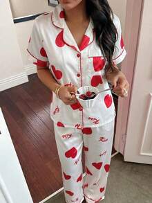 Dream Adore 心形印花翻领短袖睡衣套装 - 白色 - 查看 6