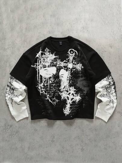 ROMWE MEN Camiseta de manga larga con cuello de tripulación y estampado minimalista con efecto de capa para hombres