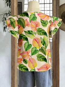 EMERY ROSE Blusa casual de vacaciones con estampado floral y volantes en el bajo para mujer - Multicolor - Ver 2