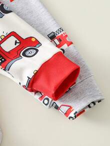 SHEIN 4pcs Snug Fit Baby Boy Cute Casual Home Clothes Set, Knitted Cartoon Pattern Short Sleeve T-Shirt & Elastic Waist Pants Pajamas - Multicolor - View 6