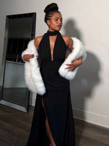 Tyla Gomez 优雅女士蓬松披肩，冬季节日派对服装 - 白色 - 查看 6