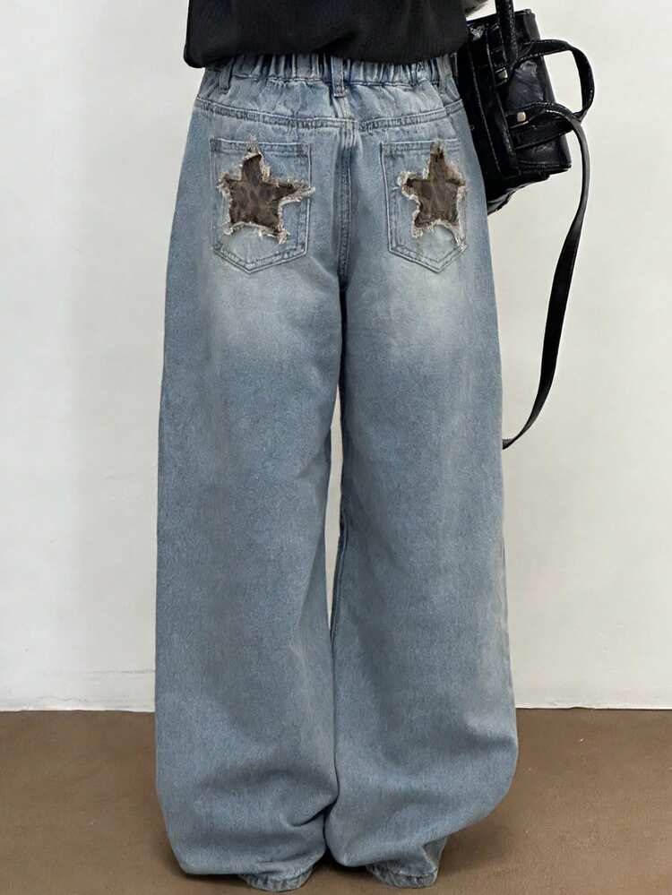 Tween Girls' Casual Fashionable Street Style Leopard Print & Star Patchwork Frayed Hem Loose Wide Leg Jeans, Suitable For Daily Commute