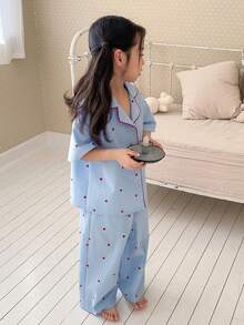 DAZY Young Girl Girls Heart Print Contrast Trim Pajama Set, Fall - Blue - View 3