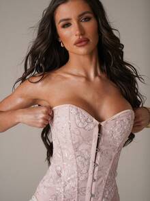 SHEIN BAE Top corto de mujer elegante y sexy de encaje rosa con jacquard 3D y cuentas, adecuado para festivales de música, fiestas de graduación, tops dulces para chicas, bustier de encaje ajustado, tops con lentejuelas, tops de playa, tops de verano - Rosa Pálido - Ver 7