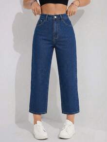 Flexra Quần jeans nữ cạp cao, ống đứng, lửng, có túi - Rửa tối - Xem 5