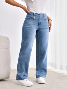 Flexra Plus Size Women Casual Straight Leg Jeans - Medium Wash - View 4