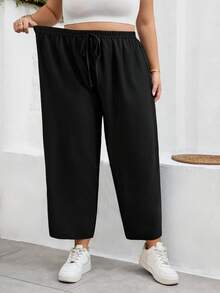 SHEIN CURVE+ Curve 尺码 US22 音乐节、海滨度假、波西米亚风女士纯色纸袋腰休闲七分裤 - 黑色 - 查看 5