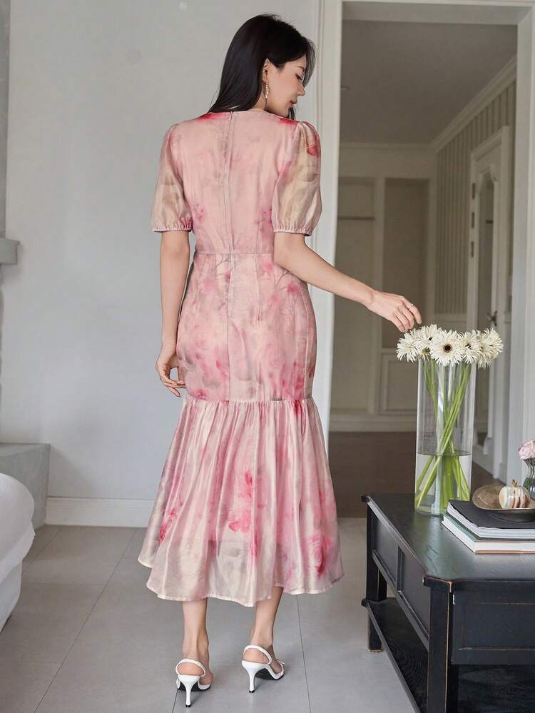 Women's Elegant Floral Print Square Neck Puff Sleeve Fishtail Midi Dress, Summer Wedding Guest Dress Sundress