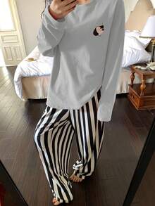 DAZY 两件套狗狗图案宽松长袖T恤和条纹直筒长睡裤套装，女士春季睡衣 - 藍色 - 查看 5