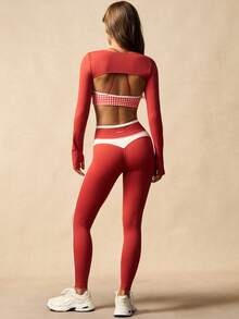 VARSIVA Bộ đồ thể thao nữ áo crop top dài tay màu trơn, áo ngực kẻ caro và quần legging - Nhiều màu - Xem 11