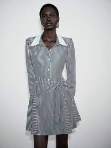 Lumivelle 女士短款条纹双层领时尚优雅休闲通勤连衣裙，春夏款 - 彩色 - 查看 1