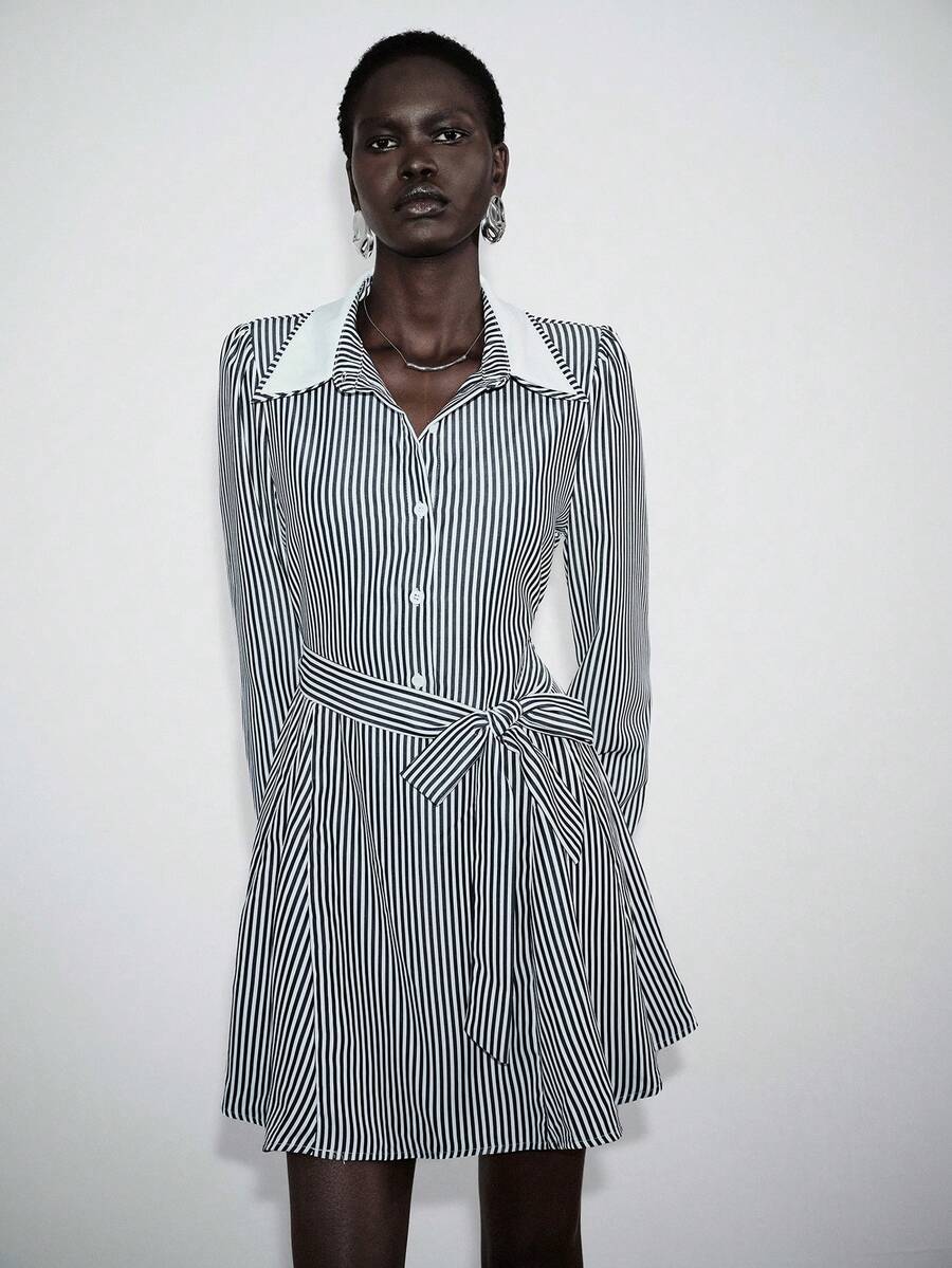 Lumivelle 女士短款条纹双层领时尚优雅休闲通勤连衣裙，春夏款 - 彩色 - 查看 1