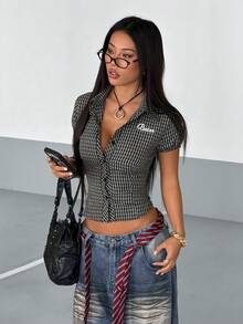 StreetHx Camisa de manga corta con estampado de cuadros para mujer de estilo urbano - Negro - Ver 6