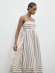 Maija Women's Sleeveless Striped Midi Dress,White And Brown,Summer,Casual,Vacation Beach Outfit,Elegant Easter Dress,Fashionable Spring Holiday Outfits - Apricot - View 1