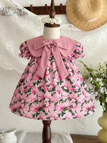 LMoss Kids Đầm dệt phối màu cổ Peter Pan tay cánh hoa cho bé gái, kiểu dáng thường ngày. - Nhiều màu - Xem 2