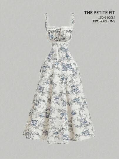 SHEIN MOD Petite Fit For The 150-160cm,Petite Perfect,Designed For Petites,Women's Elegant All-Over Print Contrast Lace Cinching Waist Midi Cami Dress, Summer,Vacation Outfits, Retro, Vintage,Country Outfits,  Going Out,Teacher Outfits For Women,Date, Picnic, Party, Prom, Festival,Birthday Wear, Cottagecore Dress,Tea Party Dress,Milkmaid Dress,French Style Dress,Floral Print Dress