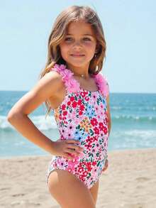 Emery Rose Kids Emery Rose Kids 女童条纹蝴蝶结花卉连体泳衣 - 粉色 - 查看 2