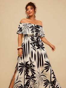 Travachic Plus Size Bohemian Paisley Print Off Shoulder Ruffle Hem Maxi Dress, Casual Holiday Style For Women, Autumn Off The Shoulder Maxi Dress Long Vacation Dress Havana Nights Outfit Plus Size Resort Wear, Summer Dresses - Black and White - View 5