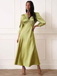 Lilora 女士优雅蕾丝拼接中长连衣裙 - 綠色 - 查看 4