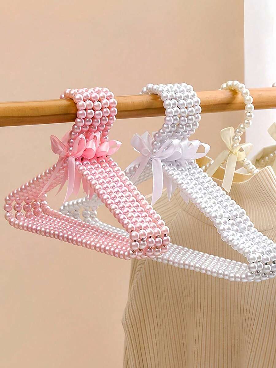 10pcs Set European Style Pearl Hangers With Bow Decor, Essential Furniture For Clothes, Pearl Pants Clips, Pet Clothes And Regular Clothes Storage - Default - View 1
