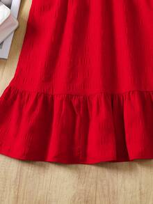 SHEIN Teen Girls Red Solid Textured Chiffon Ruffle Hem Casual Vacation Midi Dress - Red - View 8