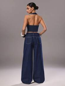 TRNVIE 女士性感露背吊带上衣和阔腿牛仔裤套装，夏季 - 藍色 - 查看 2