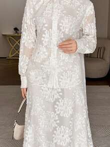 DAZY Women's Elegant Floral Lace Blouse And Skirt 2 Pieces Set, Spring/Summer - White - View 6