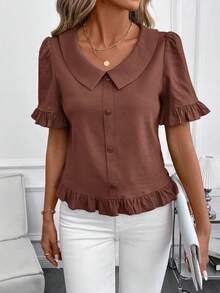 SHEIN Clasi Áo nữ tay ngắn, màu trơn, cài cúc phía trước, kiểu dáng thường ngày, thích hợp mặc đi chơi, mùa hè. - Màu Tím - Xem 6