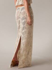 SHEIN BAE 杏色纹理钩编网纱提花半身裙，薄纱长裙，优雅半身裙，度假沙滩裙，夏季 - 杏色 - 查看 7