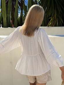 DAZY Women's Loose Textured Lantern Sleeve Tie Bow Casual Summer Blouse - White - View 2