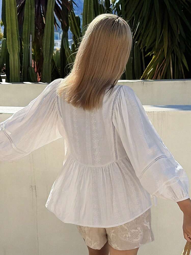 Women's Loose Textured Lantern Sleeve Tie Bow Casual Summer Blouse