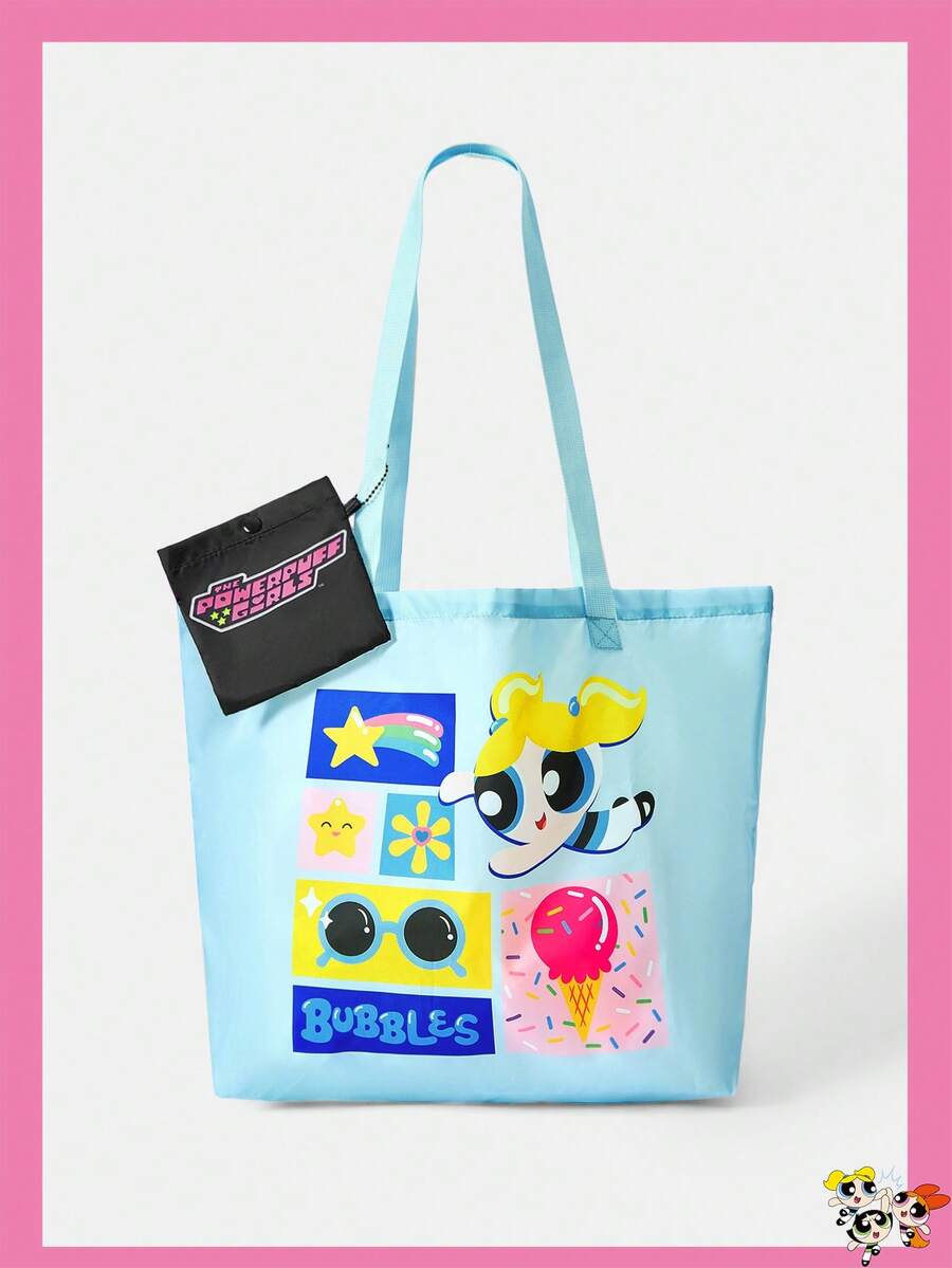 THE POWERPUFF GIRLS X SHEIN 时尚大容量彩虹猫图案手提包 - 淺藍色 - 查看 1
