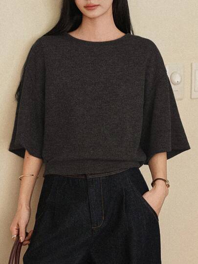 DAZY 女士纯色圆领休闲七分袖T恤，夏季