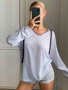 DAZY Striped Loose Hooded Long Sleeve Women Sleepwear Top, Women Loungewear Top - Blue - View 5