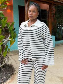 Tyla Gomez 女士 2 件套宽松条纹 V 领落肩长袖 T 恤和松紧腰条纹裤，冬季毛衣套装，秋冬 - 黑與白 - 查看 4